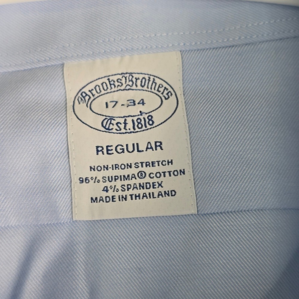 Brooks Brothers Dress Shirt Mens 17-34 Light Blue Regular Non-Iron Stretch Twill - Picture 2 of 13